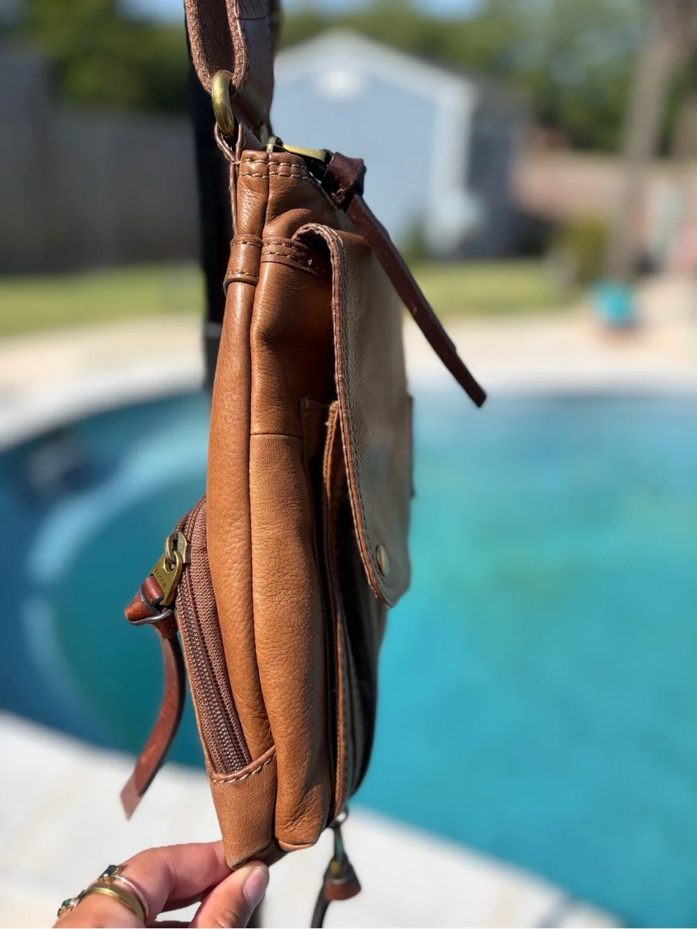Fossil Tan/Brown Leather Messenger Crossbody Bag